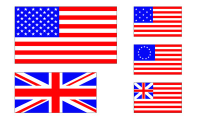 Rendering of five flags; Stars & Stripes, Union Jack, Revolutionary Flag, Thirteen Stars.