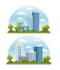 Set of City buildings and park with trees scenery