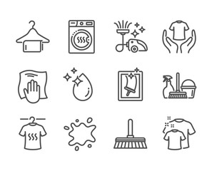 Set of Cleaning icons, such as Washing cloth, Window cleaning, Clean towel, Household service, Hold t-shirt, Water drop, Dirty spot, Dry t-shirt, Dryer machine, Cleaning mop line icons. Vector