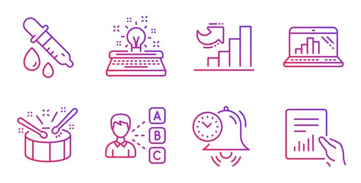 Time management, Chemistry pipette and Opinion line icons set. Graph laptop, Growth chart and Typewriter signs. Drums, Document symbols. Alarm clock, Laboratory. Education set. Vector