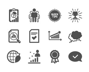 Set of Education icons, such as Stats, Analytics graph, Chart, Report, Approved message, Environment day, Tips, Trophy, Success, Speech bubble, Checked file, Group classic icons. Stats icon. Vector