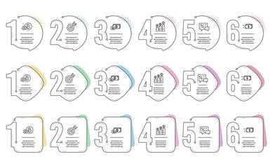 Fototapeta premium Discounts, Target and Dollar money line icons set. Infographic timeline. Money transfer, Refresh bitcoin and Graph chart signs. Best offer, Targeting, Cash with coins. Cash delivery. Vector