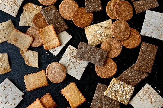 Varieties of crackers on table