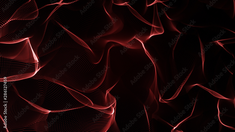 Poster music red abstract background. interweaving of atomic particles in space. network connection structu