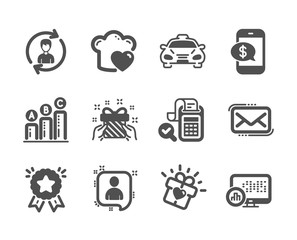 Set of Business icons, such as Human resources, Messenger mail, Bill accounting, Love gift, Love cooking, Report statistics, Gift, Developers chat, Ranking star, Taxi, Phone payment. Vector