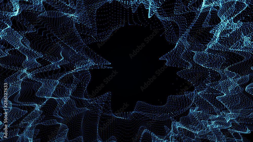 Poster music blue abstract background. interweaving of atomic particles in space. network connection struct