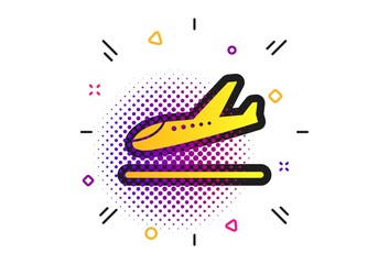 Plane landing icon. Halftone dots pattern. Airplane transport symbol. Classic flat airplane icon. Vector