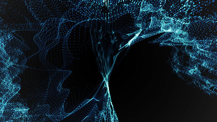 Music blue abstract background. Interweaving of atomic particles in space. Network connection structure. Big data digital background.3d rendering.