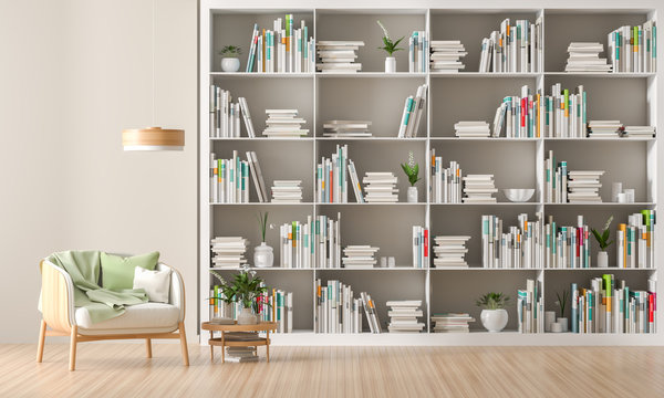 Modern, Scandinavian style interior with book shelf full of books. Minimalist interior design. 3D illustration.