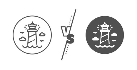 Beacon tower sign. Versus concept. Lighthouse line icon. Searchlight building symbol. Line vs classic lighthouse icon. Vector