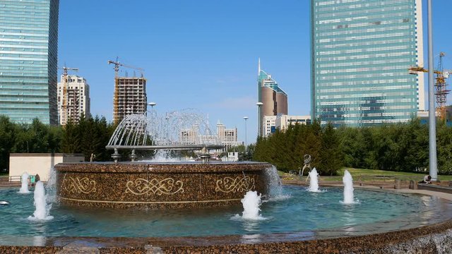 High-rise buildings and architectural monuments in the center of the capital of Kazakhstan, Nur-Sultan.