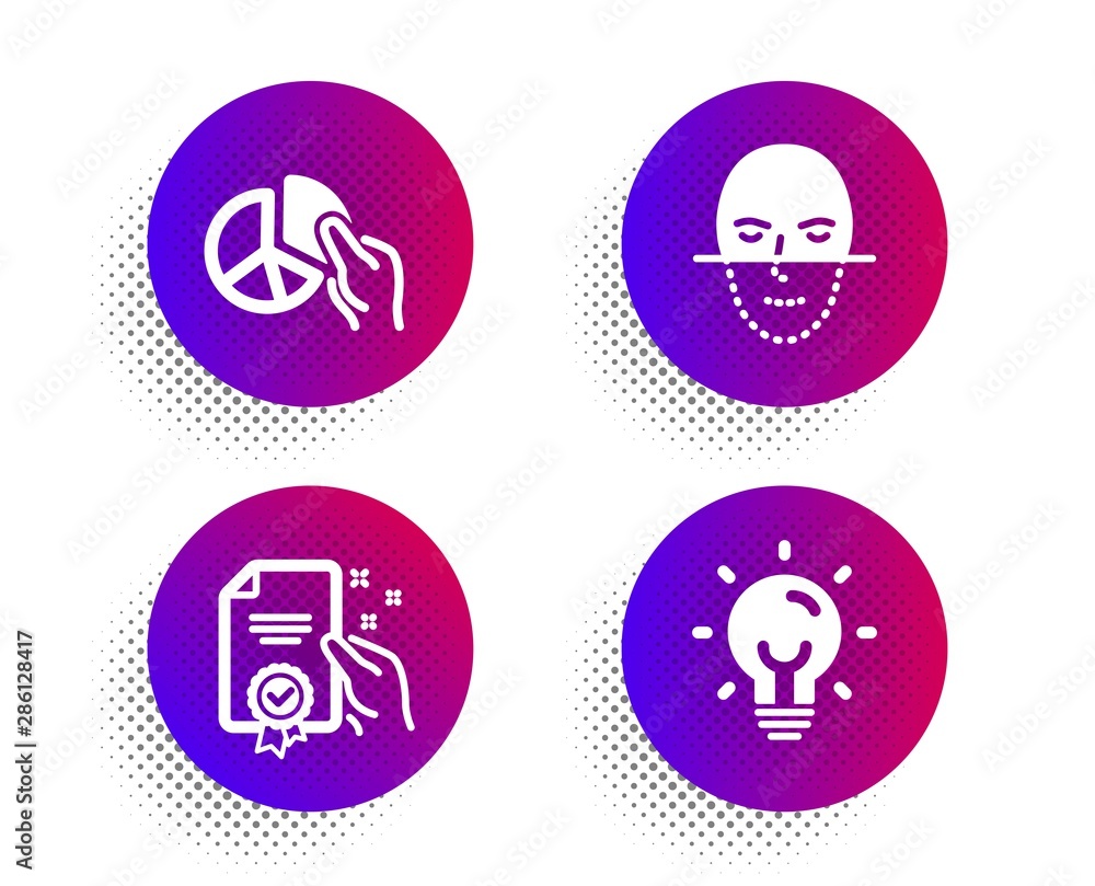 Poster pie chart, face recognition and certificate icons simple set. halftone dots button. energy sign. pre