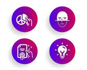 Pie chart, Face recognition and Certificate icons simple set. Halftone dots button. Energy sign. Presentation graph, Faces biometrics, Certified guarantee. Lightbulb. Technology set. Vector
