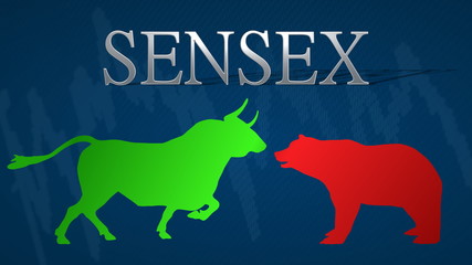 Illustration of standoff between the market's bulls and bears in the BSE SENSEX stock market index of Bombay Stock Exchange. A green bull versus a red bear with a blue background and a chart.