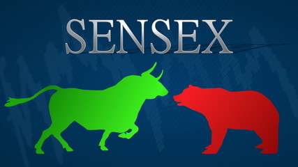 Illustration of standoff between the market's bulls and bears in the BSE SENSEX stock market index of Bombay Stock Exchange. A green bull versus a red bear with a blue background and a chart.