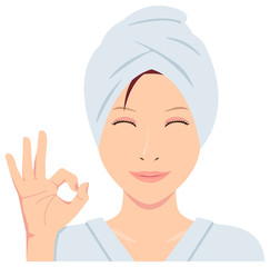 Young asian woman face vector illustration (just out of the bath)   /ok sign with smiling 