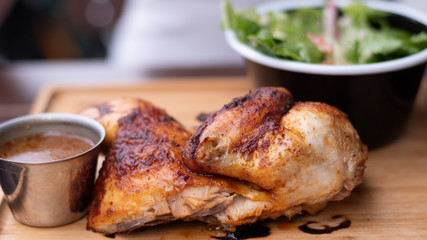Chicken dinner with salad at lunch in a Belgian restaurant, Brussels