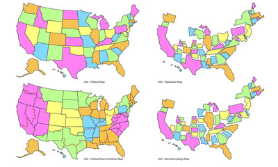 Four USA Maps, Political, Population, Electoral College and Federal Reserve Districts.