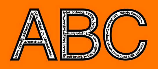 A, B, C letters with words inside hand drawn lettering in cartoon style. Orange background