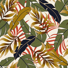 Seamless pattern in tropical style with bright plants and leaves. Modern design, printing, fabric, textile. Botanical pattern. Exotic Wallpaper, palm leaves. Jungle print.