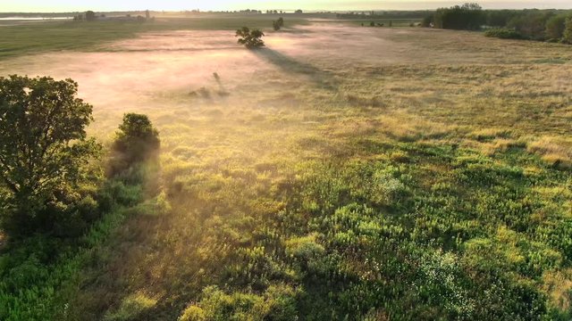 Warm rural landscape steaming in the cold morning air of late Summer, illuminated by the sunrise. Aerial view.