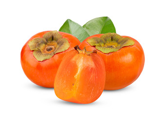 fresh ripe persimmons with leaf isolated on white background. full depth of field