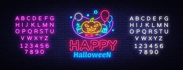 Happy Halloween neon sign design template. Halloween neon icon, light banner design element colorful modern design trend, night bright advertising, bright sign. Vector. Editing text neon sign
