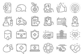 Medical rx line icons. Hospital assistance, Ambulance, Health food diet, Laboratory tubes icons. First aid kit, Medical doctor, Prescription Rx recipe. Drop counter, Ambulance emergency car. Vector