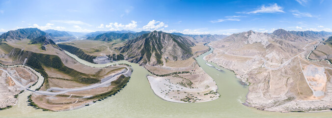 360 degree panoramic aerial view nature and picturesque landscapes near a mountain with a river and...