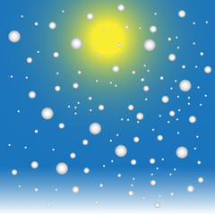 Vector illustration of falling snow on blue sky background in winter with sunshine