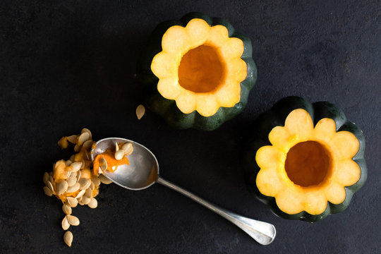 Overhead view of scraped acorn squash