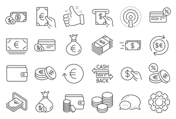 Fotobehang Money wallet line icons. Set of Credit card, Cash and Coins icons. Banking, Currency exchange and Cashback service. Wallet, Euro and Dollar money, credit card. Cash exchange, bank payment. Vector © blankstock