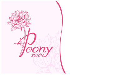 Obraz premium Peony logo. Business cards design template with monogram letter P and pink peony flowers on white background. Romantic design for natural cosmetics, perfume, women products. Peony studio.