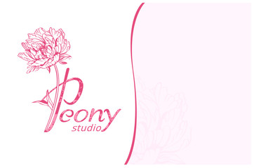 Peony logo. Business cards design template with monogram letter P and pink peony flowers on white background. Romantic design for natural cosmetics, perfume, women products. Peony studio.