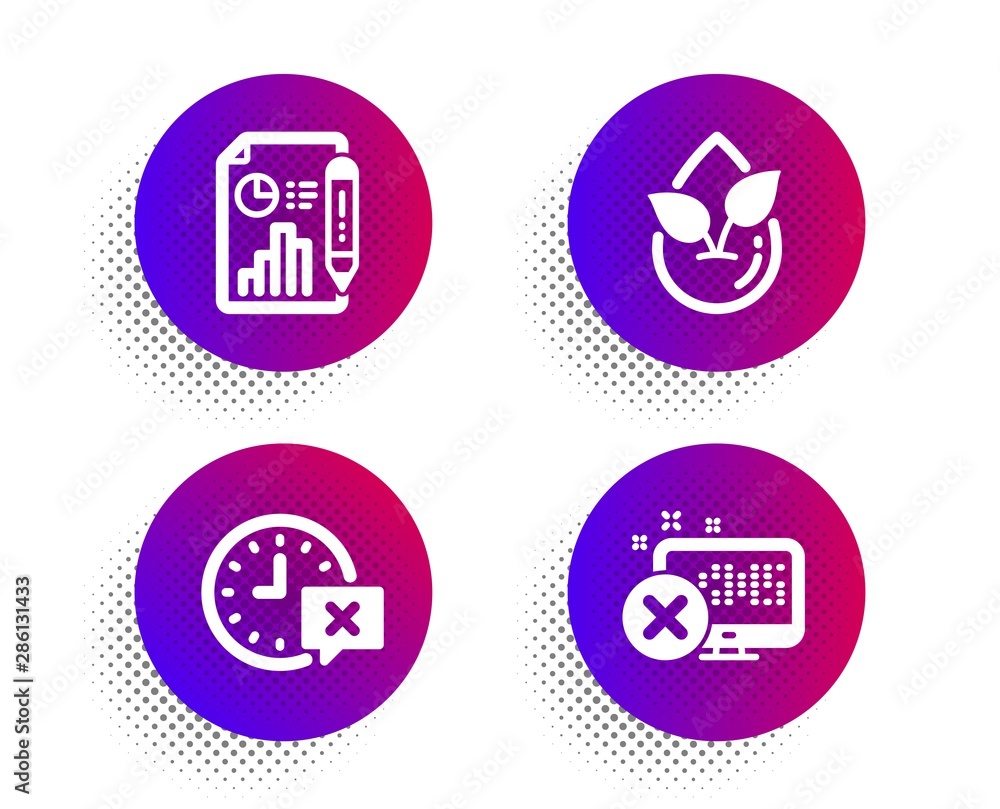 Poster organic product, report document and time icons simple set. halftone dots button. reject access sign