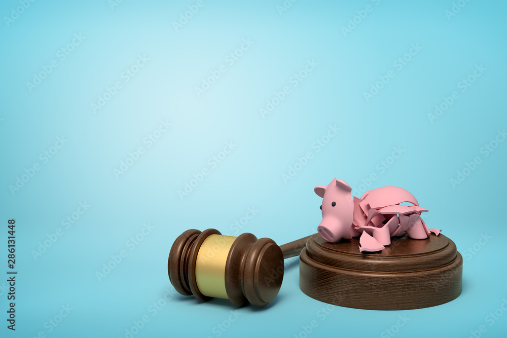 Poster 3d rendering of pieces of broken piggy bank lying on sounding block with gavel beside on light-blue 