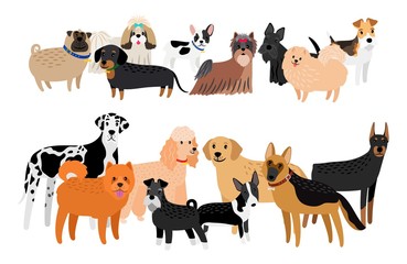 Different dogs breeds image. Vector cartoon group of dogs, cute labrador and yorkshare terrier, friendly doberman and funny chihuahua doggie character collection
