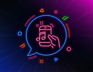 Music in phone line icon. Neon laser lights. Mobile radio sign. Musical device symbol. Glow laser speech bubble. Neon lights chat bubble. Banner badge with music phone icon. Vector