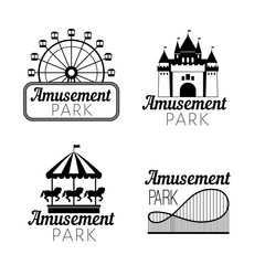 Black amusement park emblems. Carnival funfair logo with ferris wheel, horse carousel, castle silhouette, roller coaster for circus stamps and festive image concepts