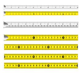 Ruler measuring tapes. Vector long tape set for measure, inches and metric meters, measurable yellow and white objects isolated on white background