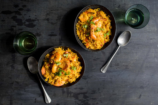 Overhead view of Sri Lankan shrimp biryani served in bowl