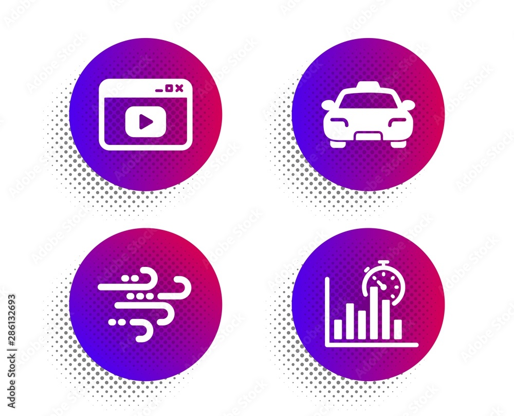 Aufkleber video content, windy weather and taxi icons simple set. halftone dots button. report timer sign. bro