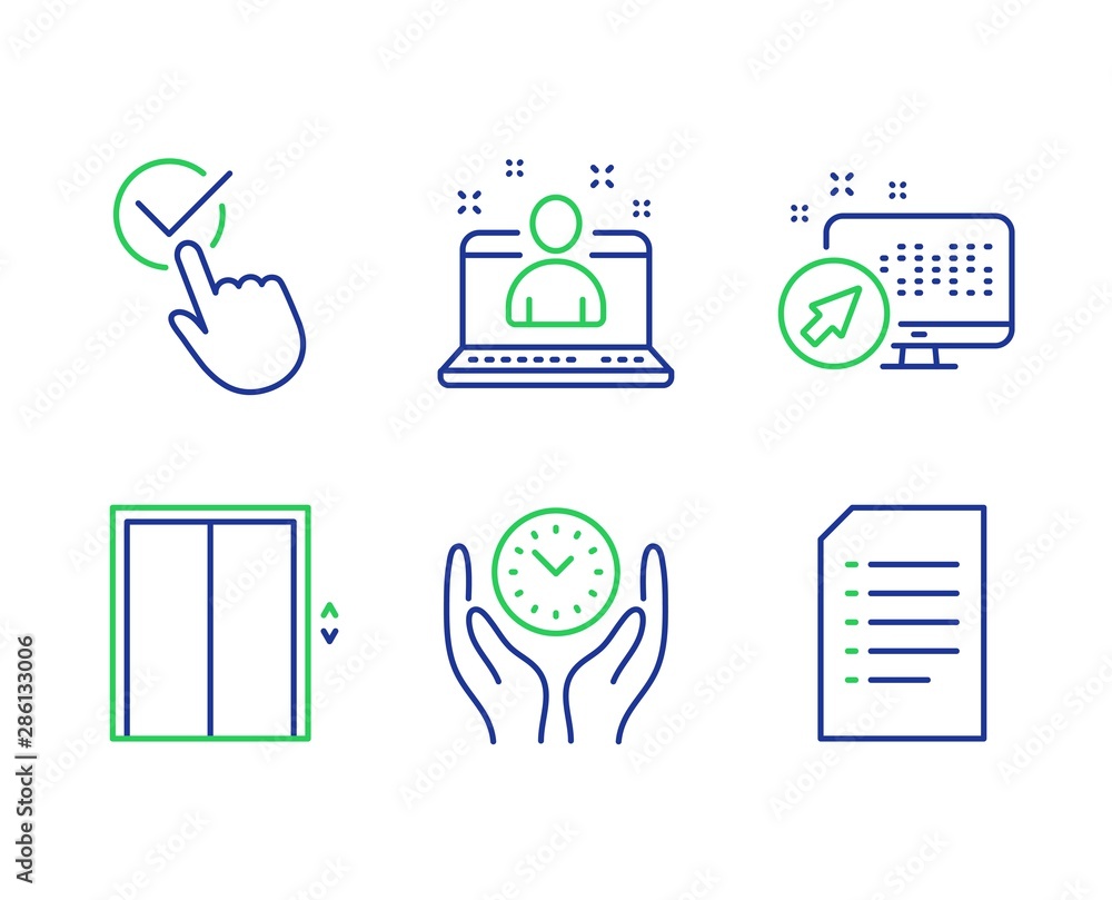 Poster checkbox, lift and safe time line icons set. web system, best manager and document signs. approved, 