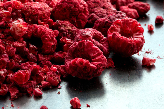 Close up of freeze dried raspberries