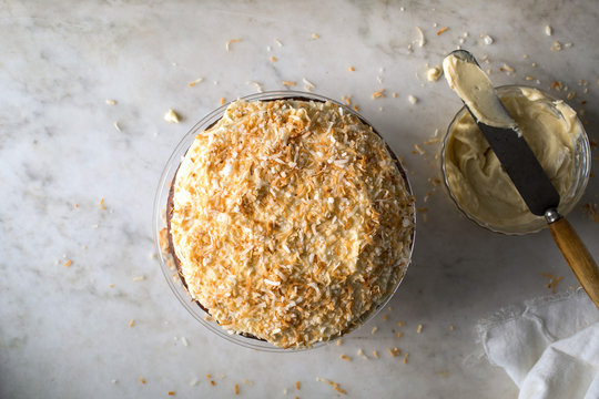 Overhead view of banana coconut  layer cake