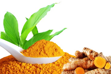 turmeric root,turmeric powder,turmeric plant/green leaves, isolated on white background