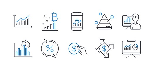 Set of Finance icons, such as Report timer, Payment exchange, Pyramid chart, Loan percent, Smartphone statistics, Presentation board, Bitcoin graph, Payment, Graph, Presentation. Vector