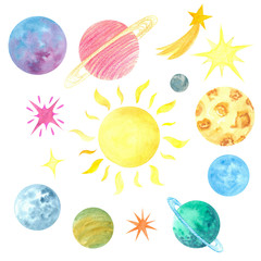 space. Watercolor illustration, planets, sun, stars