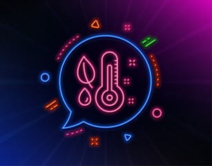 Thermometer line icon. Neon laser lights. Humidity and leaf sign. Moisture symbol. Glow laser speech bubble. Neon lights chat bubble. Banner badge with thermometer icon. Vector