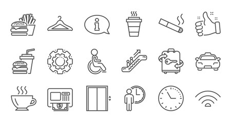 Public services line icons. Elevator, Taxi and Wifi internet. Fast food linear icon set. Quality line set. Vector